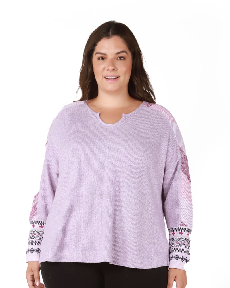 Front of a model wearing a size 0X Lily Fairisle Knit Top in Washed Lilac by DEX PLUS. | dia_product_style_image_id:239807